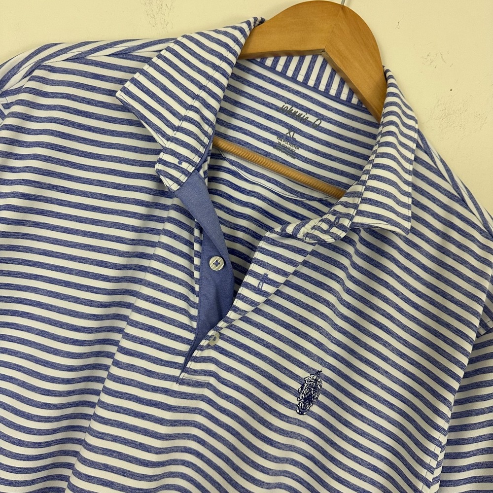 Johnnie-O Polo Shirt White Blue Stripe Stretch Trump Crest Short Sleeve Mens XL